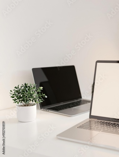 Minimalist desk setup with a small plant and a laptop, office plant, greenery, indoor plant