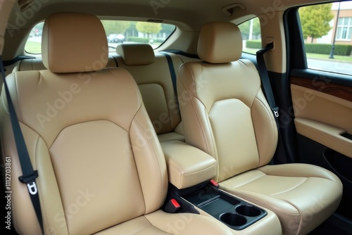 Car seats in a premium car. Luxurious beige leather car seats with armrests and cup holders in a modern vehicle. Elegant and comfortable interior of the automobile