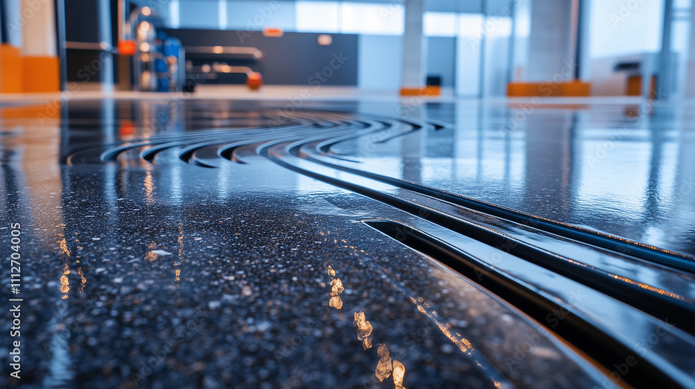 Vibrant close-up of curved hydronic pipes under polished concrete flooring, emphasizing modern, energy-efficient heat distribution Vibrant close-up of curved hydronic pipes under polished concrete flooring, emphasizing modern, energy-efficient heat distribution