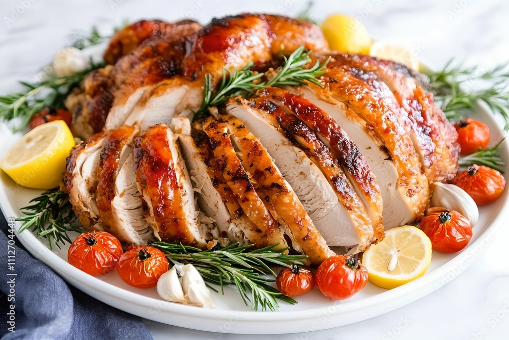 Juicy Carved Roasted Turkey with Fresh Herbs and Vegetables, food, culinary, roast, plate Juicy Carved Roasted Turkey with Fresh Herbs and Vegetables, food, culinary, roast, plate