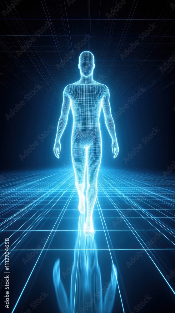 A glowing digital human figure walks through a futuristic grid landscape, AI A glowing digital human figure walks through a futuristic grid landscape, AI