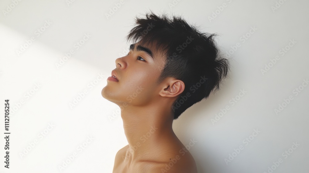Side profile of an Asian young man with luminous skin, emphasizing a natural glow on a seamless white background. Side profile of an Asian young man with luminous skin, emphasizing a natural glow on a seamless white background.