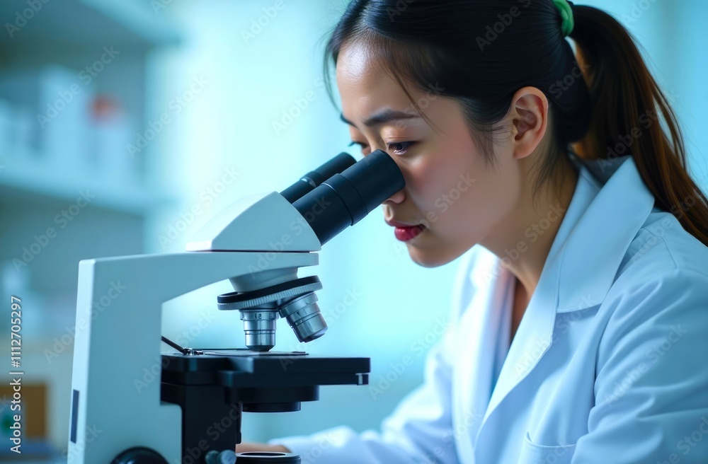 Portrait of woman medical researcher analyzing under a microscope in a lab setting. Asian female looking into a microscope, light blurred background. Scientific research, medicine and health Portrait of woman medical researcher analyzing under a microscope in a lab setting. Asian female looking into a microscope, light blurred background. Scientific research, medicine and health