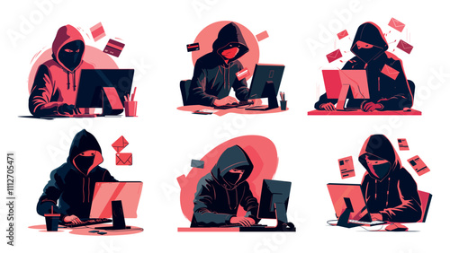 Cartoon hacker stealing data. Thief anonymity person in mask and hoodie looting credit cart and email personal information, cyber protection security warning concepts isolated vectors