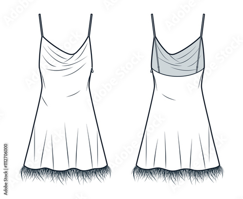 Feather trim Dress technical fashion illustration. Mini Slip Dress fashion flat technical drawing template, bias cut, side zipper, straps, front and back view, white, women CAD mockup.