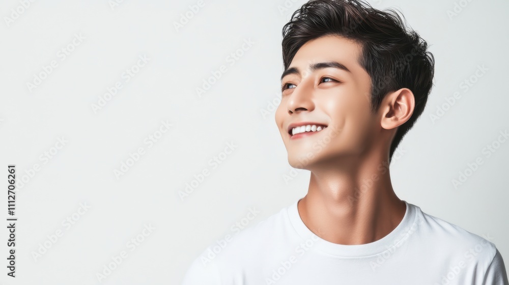 Smiling Asian young man showcasing smooth, dewy skin against a neutral white background, ideal for skincare product advertising. Smiling Asian young man showcasing smooth, dewy skin against a neutral white background, ideal for skincare product advertising.
