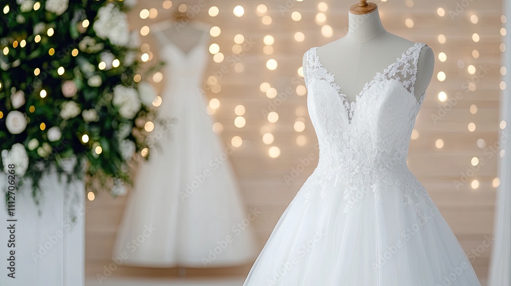 Elegant white wedding dresses displayed in a boutique shop window under soft bokeh lighting Elegant white wedding dresses displayed in a boutique shop window under soft bokeh lighting