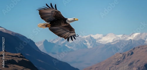 A Bald Eagle soaring high above rugged mountains under a clear blue sky