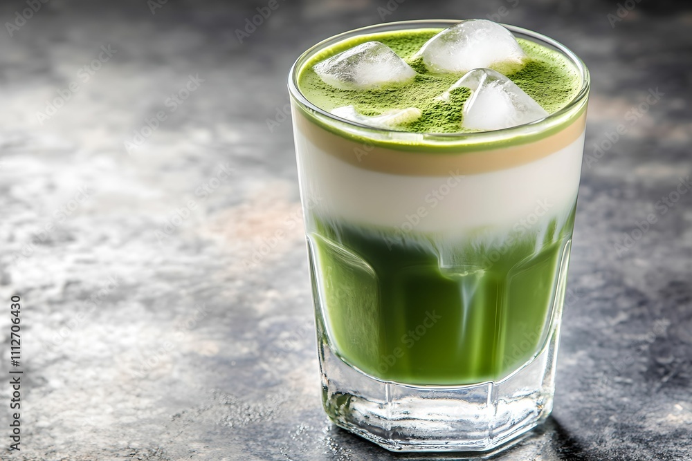 Refreshing Layered Matcha Latte in Glass, drink, green, milk, ice Refreshing Layered Matcha Latte in Glass, drink, green, milk, ice