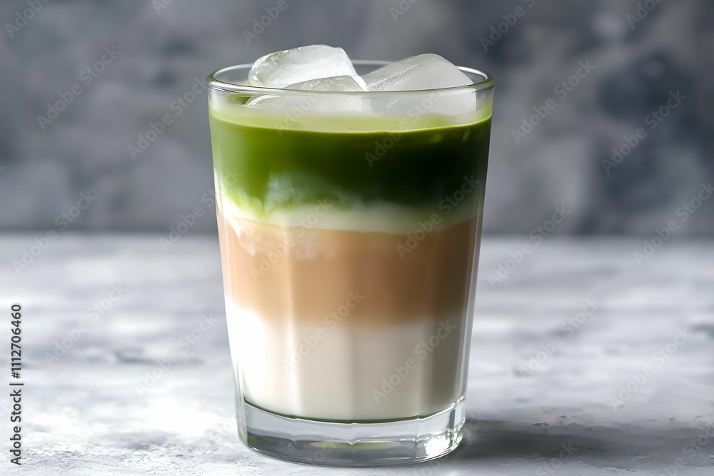 Refreshing Layered Matcha Latte in Glass, drink, green, milk, ice Refreshing Layered Matcha Latte in Glass, drink, green, milk, ice