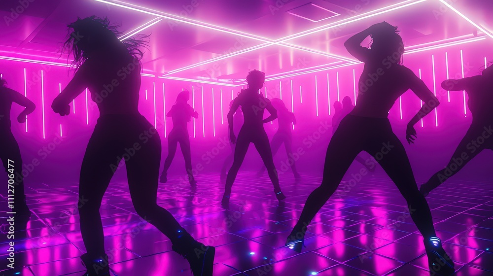 Lively Dance Party Scene with Neon Lights and Fast-Paced Movements Lively Dance Party Scene with Neon Lights and Fast-Paced Movements