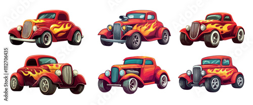Cartoon hot rod. Classic american muscle car, old vintage retro four wheeled vehicle with burning flame prints isolated vector on white background