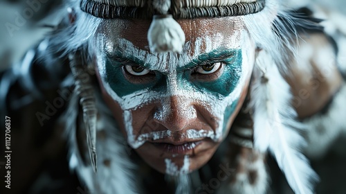 A determined tribal warrior adorned with green and white face paint, wearing feathers, conveys an aura of mystery and power against a blurred natural backdrop. photo