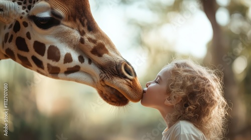 A little girl softly kisses a giraffe's nose against a backdrop of lush greenery, illustrating love, curiosity, and a unique interaction with the animal world. photo