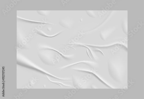Paper wrinkled poster or flyer, glued wrinkles rectangle white sheet blank, vector horizontal wet crumpled paper sheet