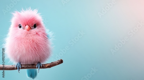 A delightful bird with a fluffy pink and blue plumage perches on a twig, its vibrant colors embodying a burst of playful joy amid the serene background. photo