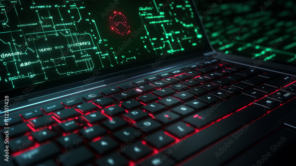 A close-up of a laptop keyboard with a warning icon on the screen, surrounded by a digital green matrix, symbolizing a system hack A close-up of a laptop keyboard with a warning icon on the screen, surrounded by a digital green matrix, symbolizing a system hack