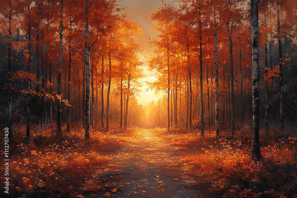 Obraz premium Autumnal Path Through a Golden Forest at Sunset