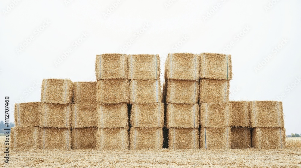 Fototapeta premium Stacked square bales of straw with visible compression bands, set against a white background, perfect for rural imagery.