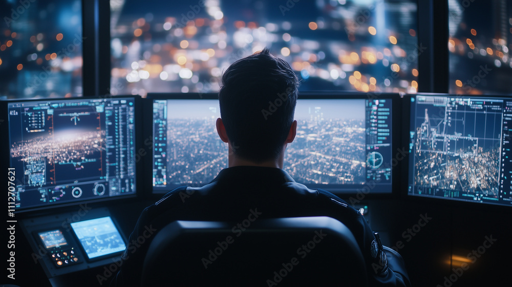 A dynamic view of a pilot engaging with a flight simulator, surrounded by detailed monitors showing a cityscape and navigational data A dynamic view of a pilot engaging with a flight simulator, surrounded by detailed monitors showing a cityscape and navigational data