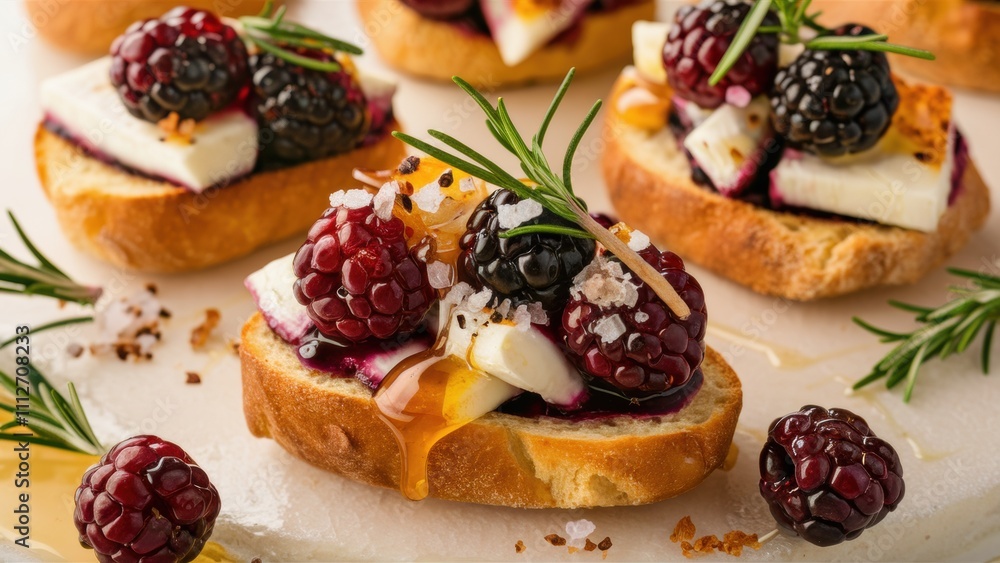 Crostini with Brie cheese and blackberries. A golden brown slice of French baguette is sprinkled with velvety Brie cheese, juicy blackberries, sprinkled with honey and seasoned with rosemary. Crostini with Brie cheese and blackberries. A golden brown slice of French baguette is sprinkled with velvety Brie cheese, juicy blackberries, sprinkled with honey and seasoned with rosemary.