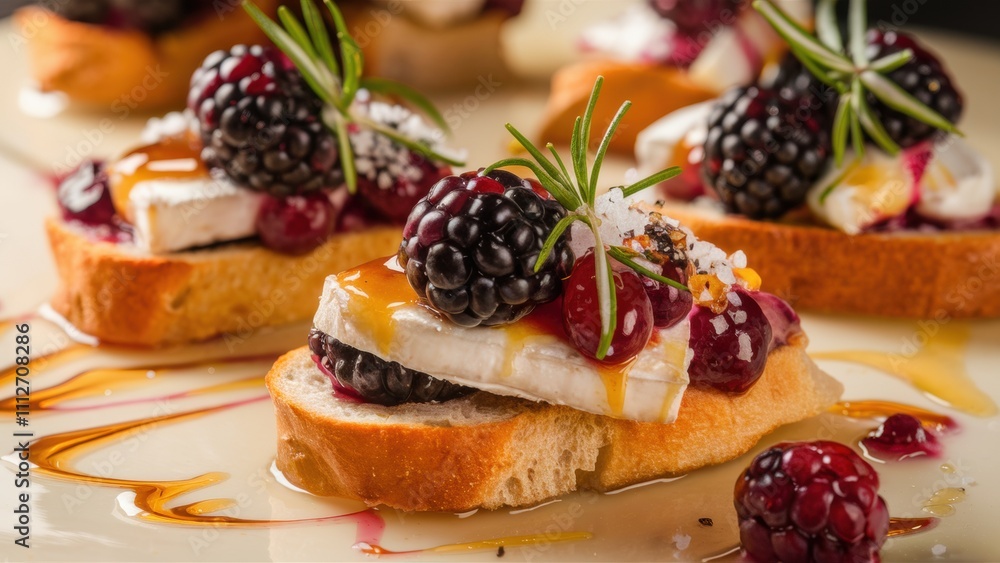 Crostini with Brie cheese and blackberries. A golden brown slice of French baguette is sprinkled with velvety Brie cheese, juicy blackberries, sprinkled with honey and seasoned with rosemary. Crostini with Brie cheese and blackberries. A golden brown slice of French baguette is sprinkled with velvety Brie cheese, juicy blackberries, sprinkled with honey and seasoned with rosemary.