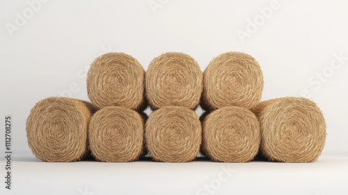 Stacked straw bales with detailed compression bands on a white background, perfect for farming or storage themes.