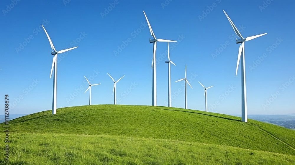 Fototapeta premium Wind turbines on a green hillside under a clear blue sky in a renewable energy landscape