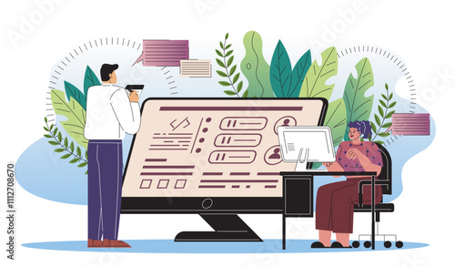 People developing website. Man and woman near computer with code. Programmers and IT specialists. Front end and back end developers. Flat vector illustration