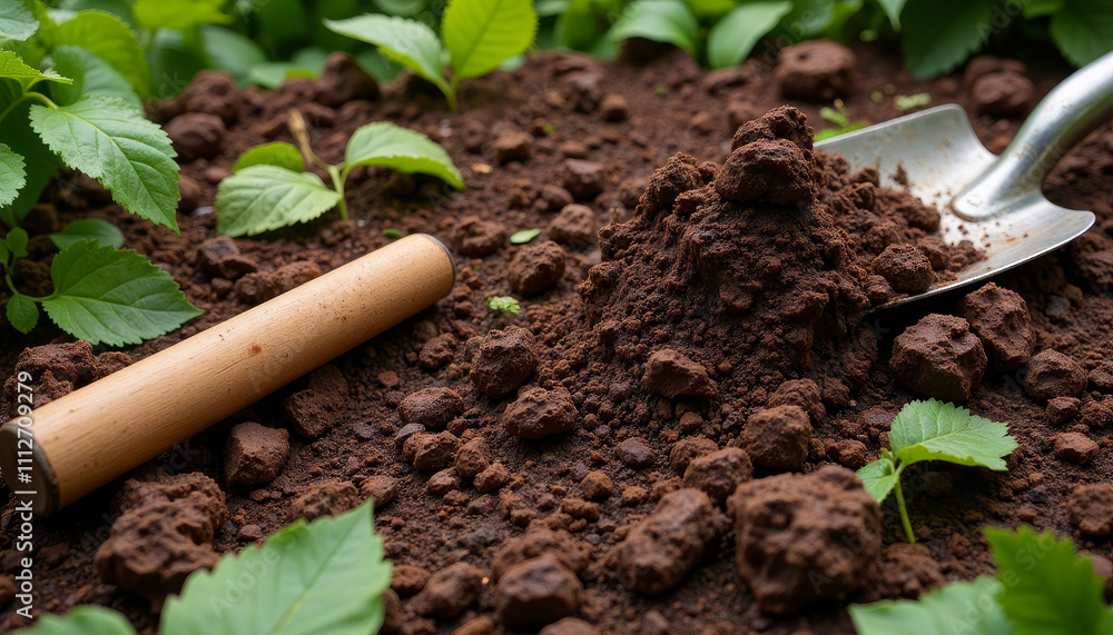 Gardening preparation involves fresh soil, a shovel, and vibrant green plants on a sunny afternoon Gardening preparation involves fresh soil, a shovel, and vibrant green plants on a sunny afternoon
