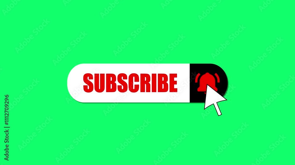 Red subscribe button animation with like, notification, and bell icons on green screen and 4K alpha channel.