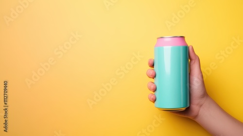 A hand holds a vividly colored soda can, encased in teal and pink, set against a striking yellow background, providing a sense of freshness and vitality. photo