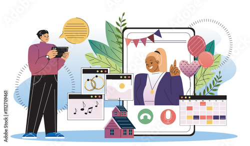 Wedding planner concept. Man and woman planning marriage and wedding ceremony. Preparation for party, event and celebration. Flat vector illustration