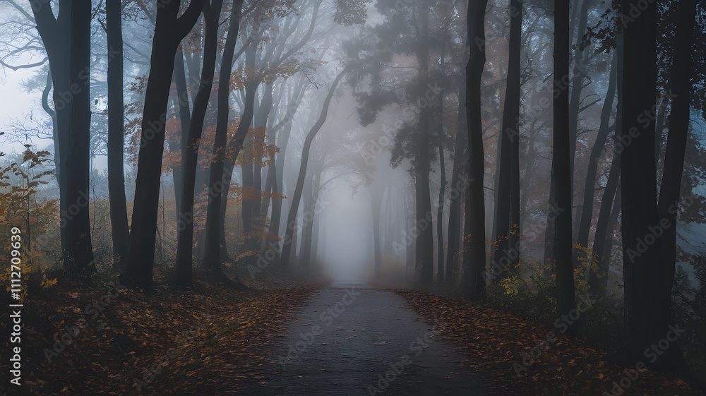 Naklejka premium A misty forest path lined with tall trees, creating a serene and mysterious atmosphere. The ground is covered with fallen leaves, and the fog adds depth to the scene.