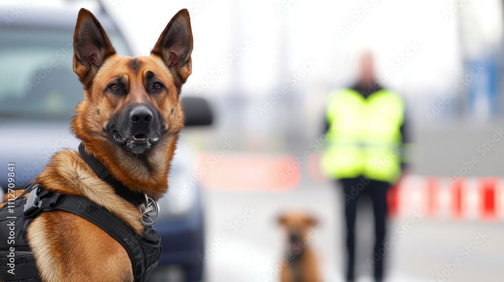 Police security checkpoint concept. Police dog at security checkpoint with handler in background Police security checkpoint concept. Police dog at security checkpoint with handler in background