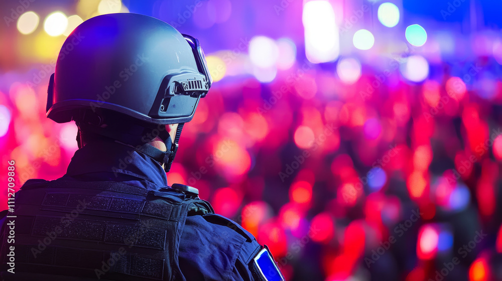 Police security checkpoint concept. Police officer monitoring large crowd at night, ensuring safety Police security checkpoint concept. Police officer monitoring large crowd at night, ensuring safety