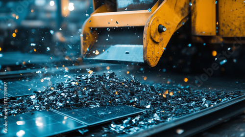 A detailed view of machinery shredding old solar panels into manageable pieces, emphasizing efficient and eco-friendly recycling processes