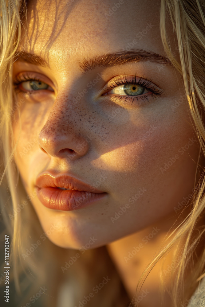 A woman with freckles on her face and green eyes A woman with freckles on her face and green eyes