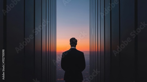 Confident professional in a skyscraper corridor facing a glowing sunrise and urban skyline inspirational scene for success and career growth themes photo