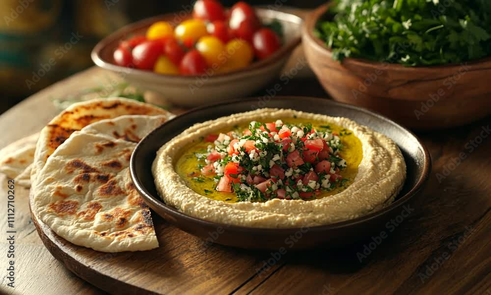 Creamy Hummus with Tomato and Parsley Salad, Served with Pita Bread Creamy Hummus with Tomato and Parsley Salad, Served with Pita Bread