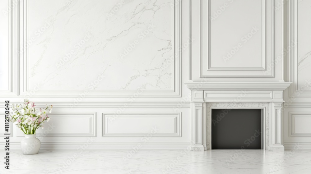 Elegant white interior with ornate fireplace and clean paneling warm and inviting space suited for real estate interior decor or seasonal campaigns Elegant white interior with ornate fireplace and clean paneling warm and inviting space suited for real estate interior decor or seasonal campaigns