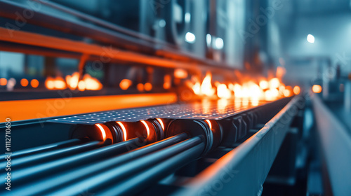 A close-up of conveyor rollers transporting solar panel fragments into a high-temperature furnace for material separation photo