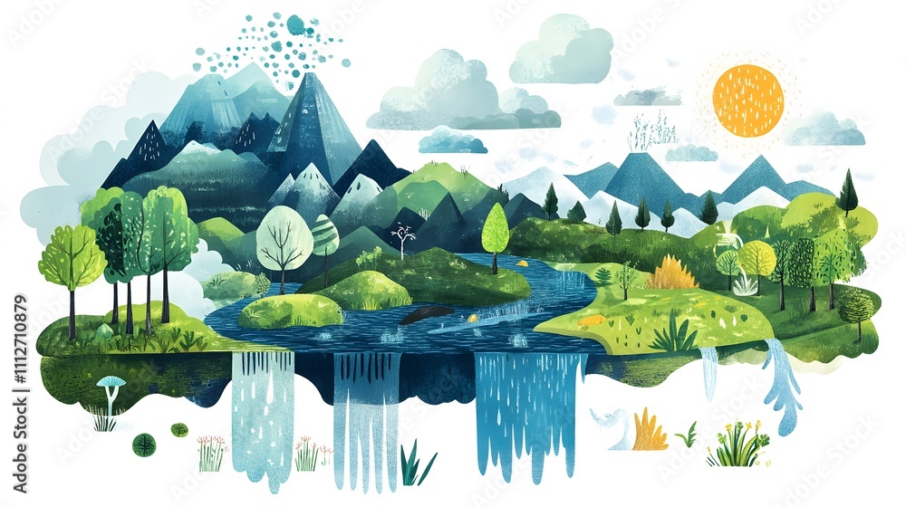Scenic landscape featuring mountains, a river, and lush greenery under a bright sun