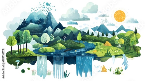 Scenic landscape featuring mountains, a river, and lush greenery under a bright sun
