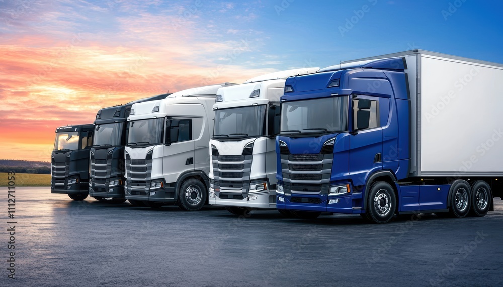 Naklejka premium Fleet of modern trucks lined up on an open road at sunrise industrial and transport concept symbolizing logistics power and reliability