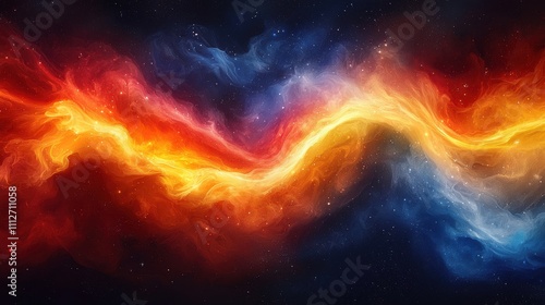 Vibrant cosmic swirl of fiery colors creates an abstract representation of interstellar phenomena in a dark backdrop