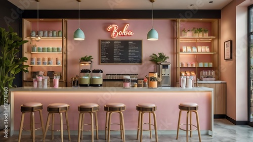 Pink boba tea shop interior with bar stools and menu.