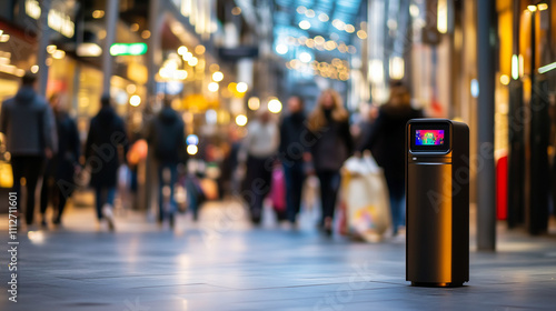 Wallpaper Mural An IoT smart bin with a vibrant design placed in a bustling marketplace, its real-time waste tracking status visible on a small display Torontodigital.ca