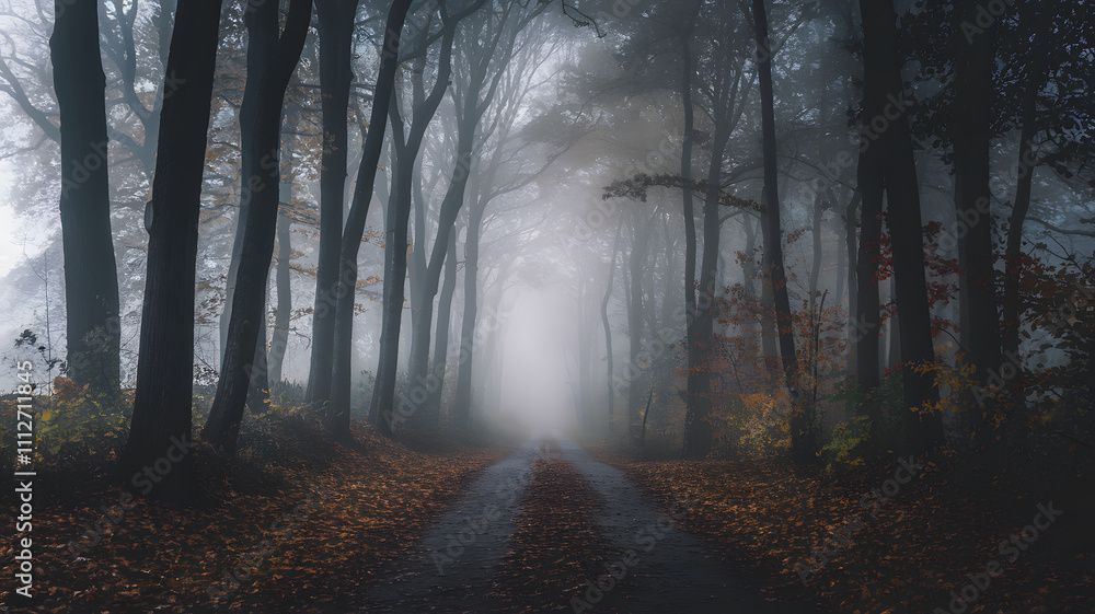 Naklejka premium A misty forest path lined with tall trees, creating a serene and mysterious atmosphere. The ground is covered with fallen leaves, and the fog adds depth to the scene.