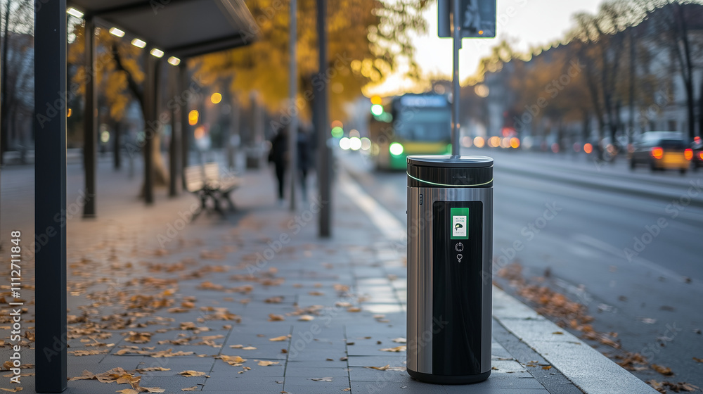 A smart bin near a bus stop, with a sensor-driven automatic lid and a nearby app interface showing real-time waste analytics A smart bin near a bus stop, with a sensor-driven automatic lid and a nearby app interface showing real-time waste analytics